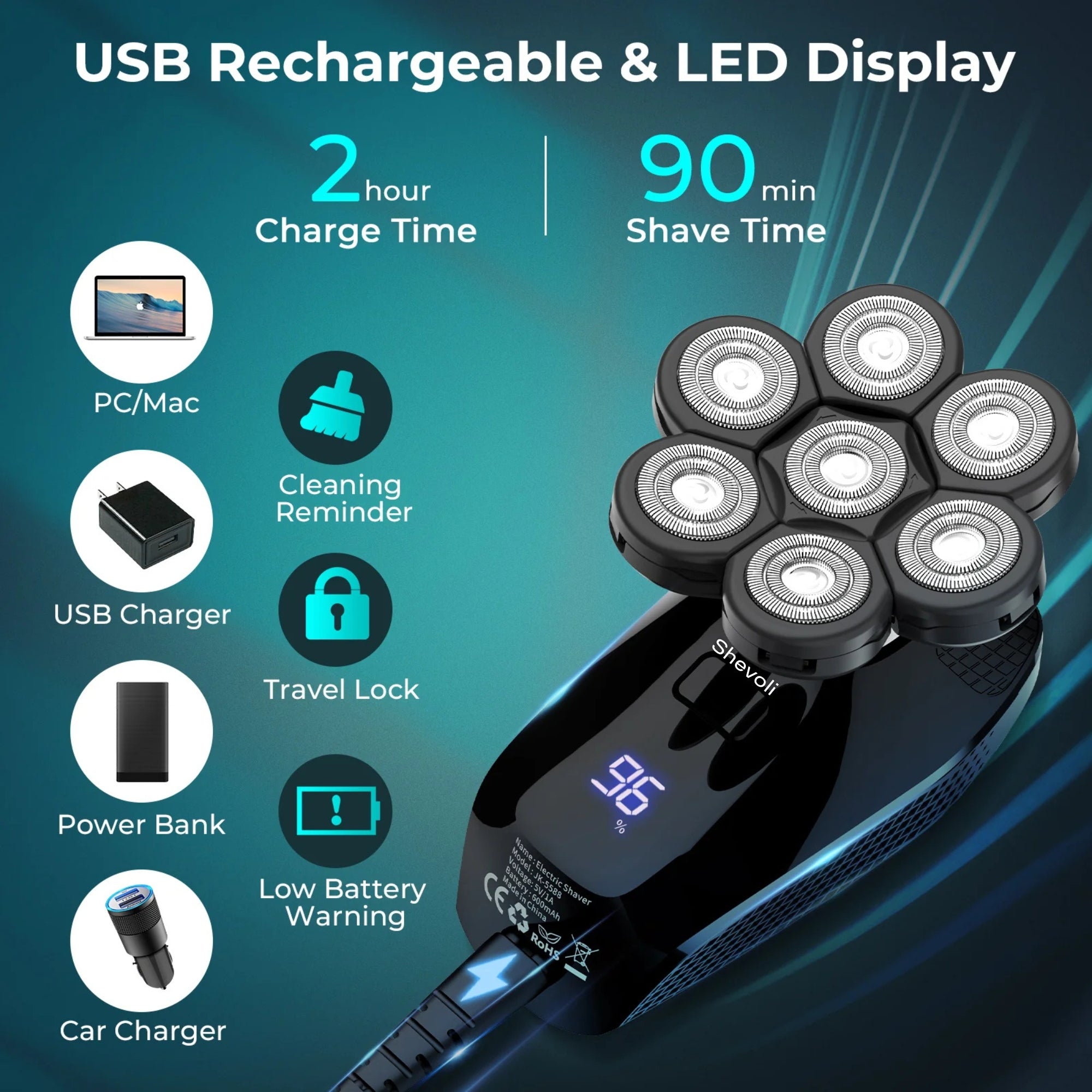7D Electric Bald Head Shaver for Men | 5-in-1 Multifunctional Grooming Kit with LED Display, Type-C Fast Charging & IPX7 Waterproof Design