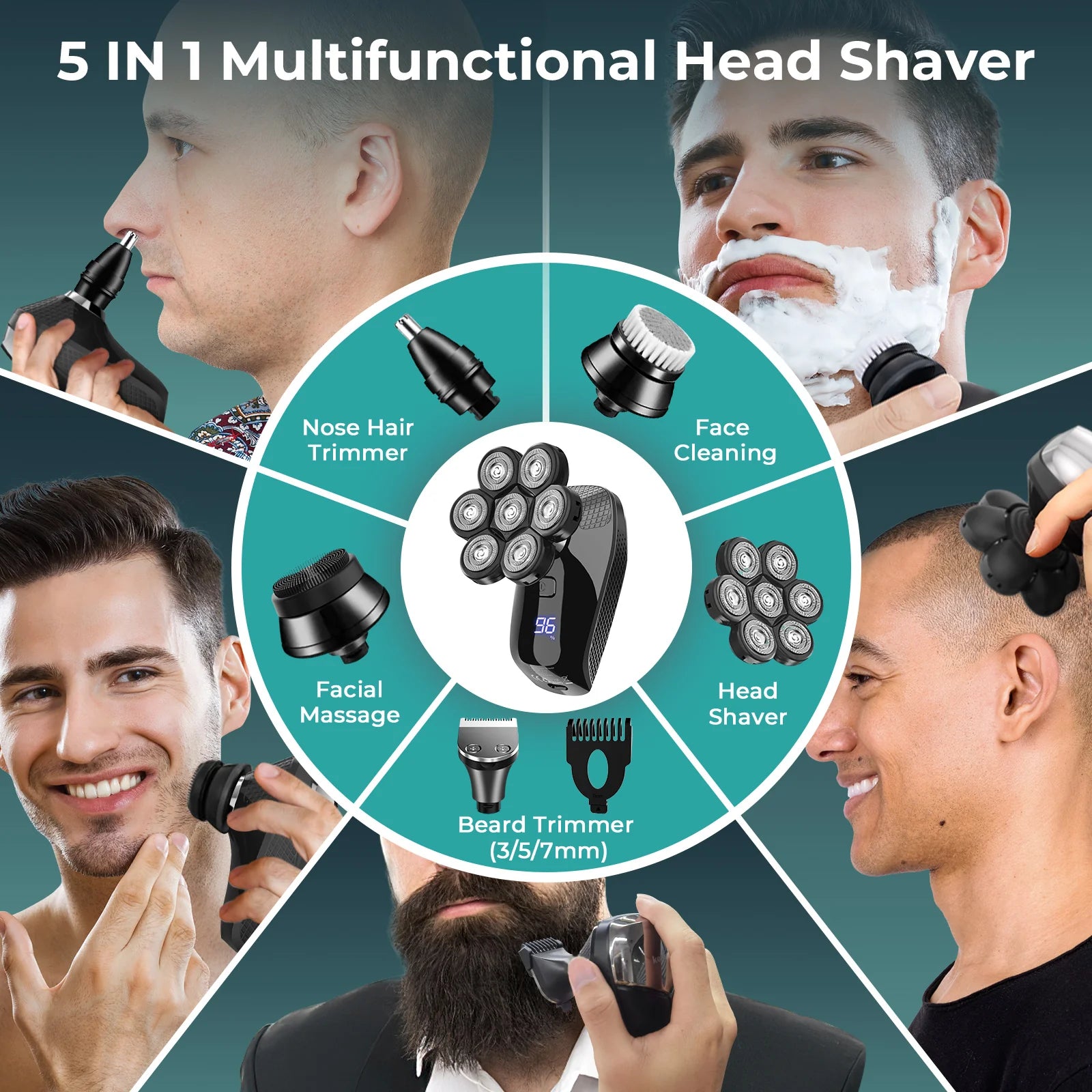 7D Electric Bald Head Shaver for Men | 5-in-1 Multifunctional Grooming Kit with LED Display, Type-C Fast Charging & IPX7 Waterproof Design